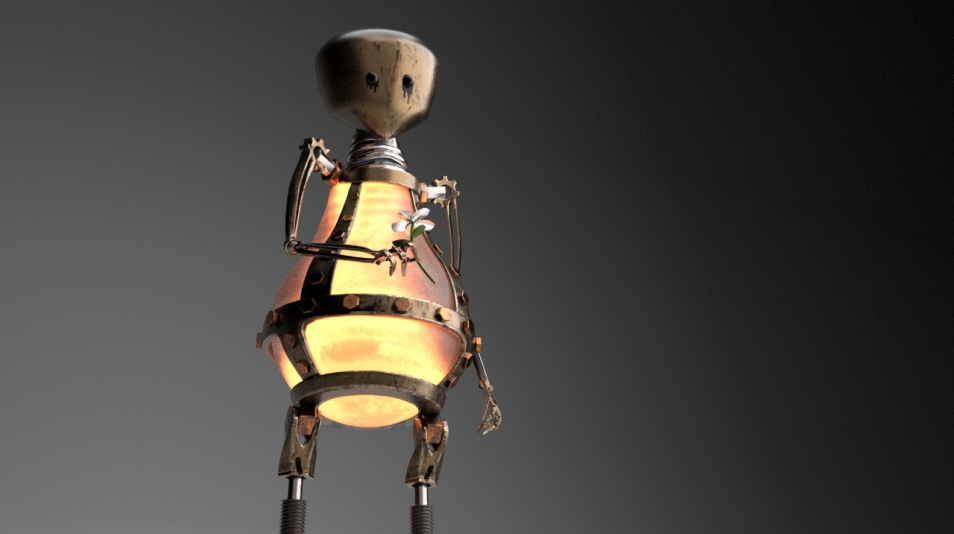 3D model of steampunk lamp bulb robot with flower, original design front view