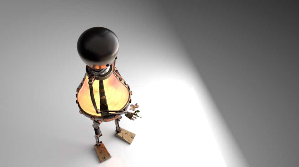 3D model of steampunk lamp bulb robot with flower, original design top view