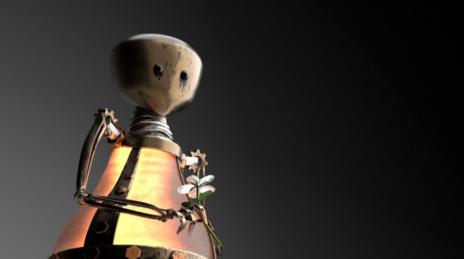 3D model of steampunk lamp bulb robot with flower, original design close up